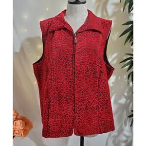 CJ Banks Womens Leopard Animal Print Jacquard Zip Vest Size 1X Pockets Red Black